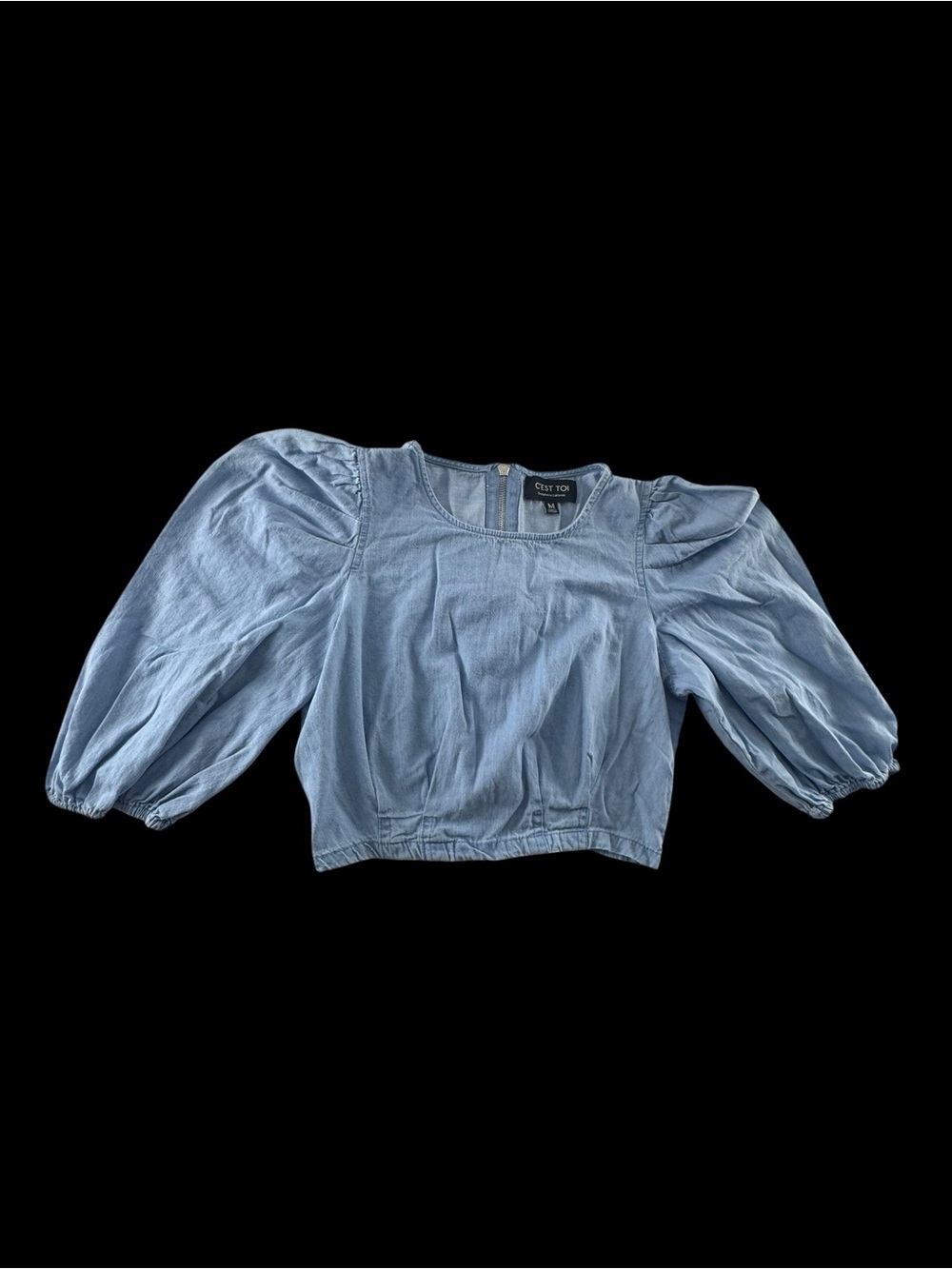Cest  ToI Light Blue Puff-Sleeve Denim Crop Top